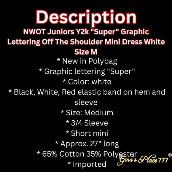 NWOT Juniors Y2k "Super" Graphic Lettering Off The Shoulder Mini Dress White M - Picture 3 of 8